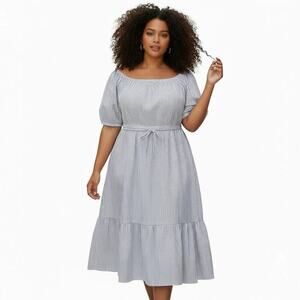 Lane Bryant Perfect Sleeve Tiered Striped Blue White Midi Dress 20 Beach Cottage